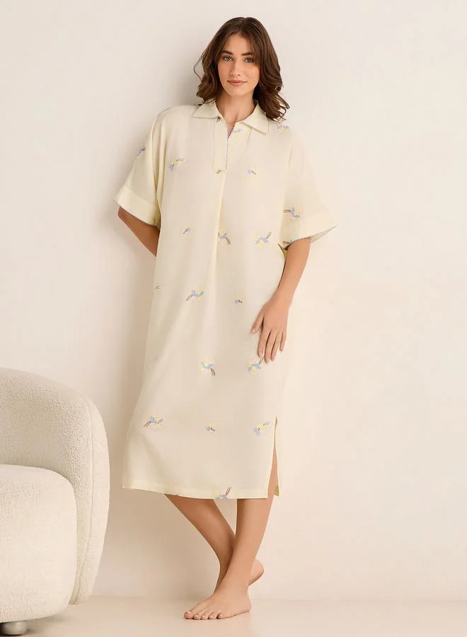 سبلاش فيڤ Night Dress Short Sleeve Floral Embroidery Viscose